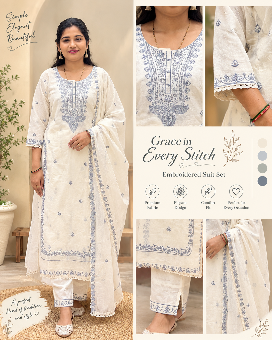 Cream Embroidered Suit Set with Dupatta