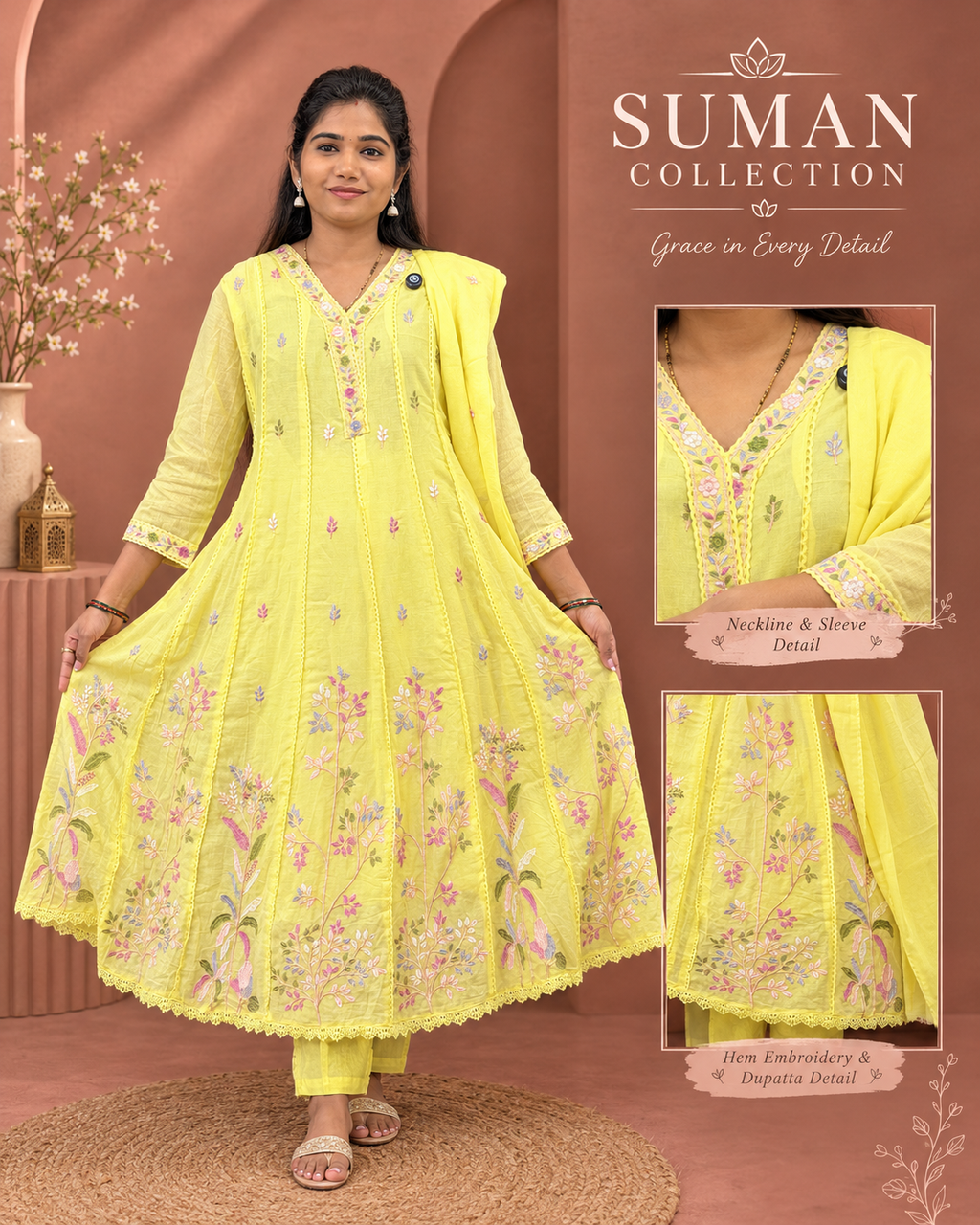 Yellow Floral Embroidered Anarkali Kurta Set with Dupatta