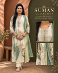 Beige Floral Printed Kurta Set with Sage Green Dupatta