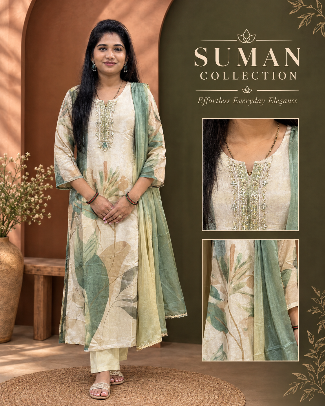 Beige Floral Printed Kurta Set with Sage Green Dupatta
