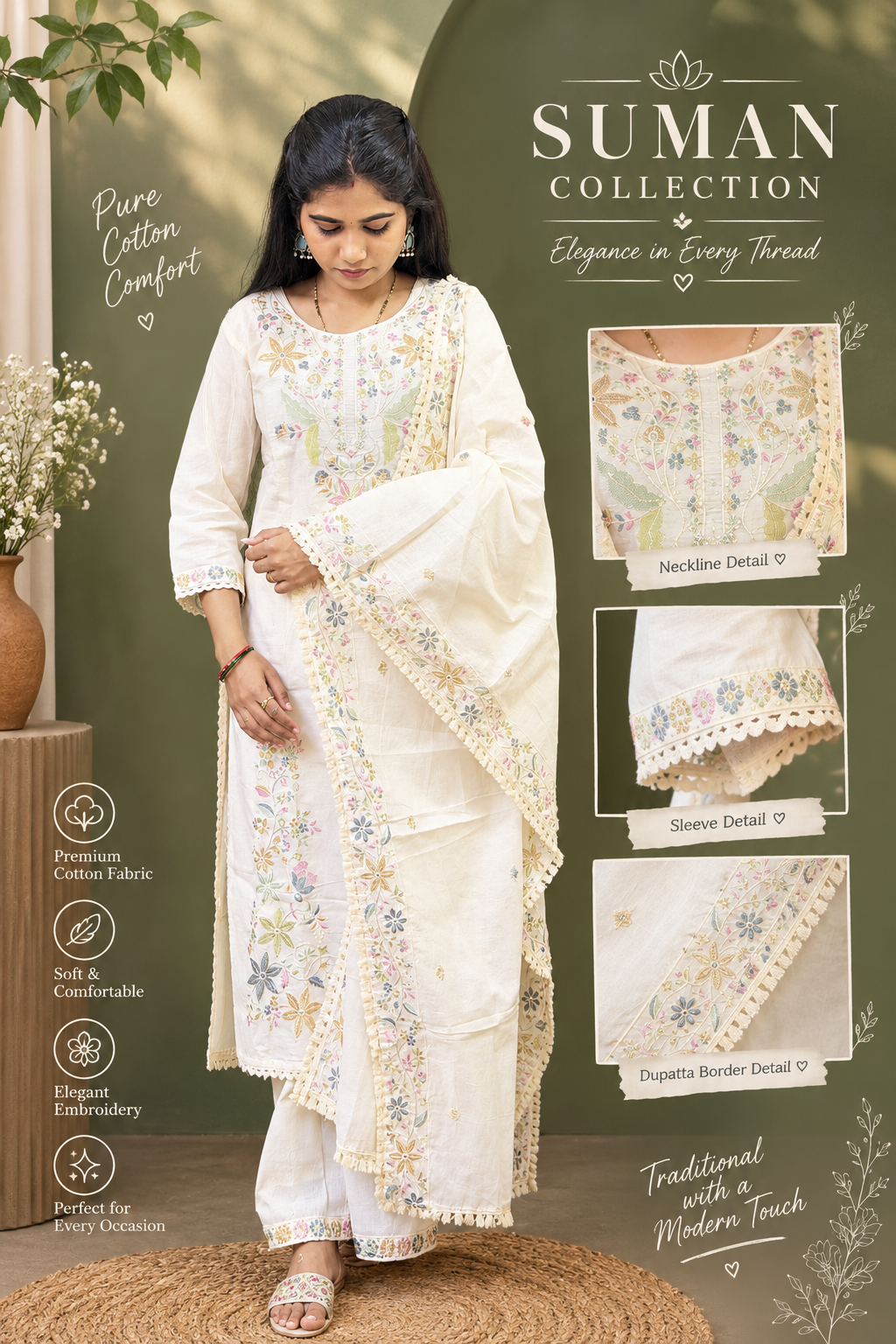 Off-White Floral Embroidered Kurta Set with Dupatta