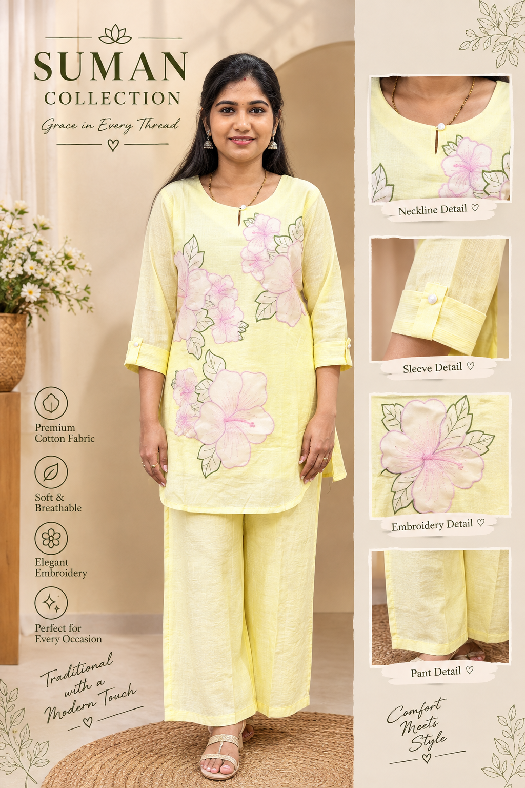 Pastel Yellow Floral Printed Kurta Pant Set